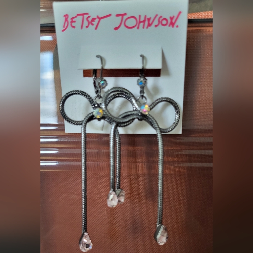 Betsey Johnson Gunmetal Bow Drop Earrings with Aurora Crystals - Picture 3 of 3
